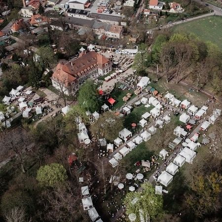 Luftaufnahme eines Dorfes mit zahlreichen Zelten, die eine lebendige und belebte Atmosphäre vermitteln.