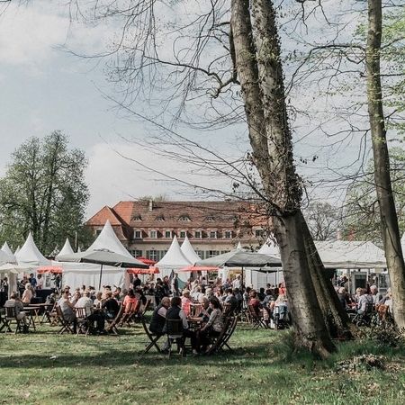 Eine große Gruppe von Menschen sitzt an Tischen in einem Park und genießt die Zeit im Freien.