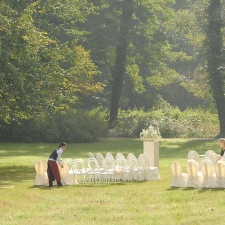 Eine Hochzeitsfeier im Park mit festlich gedeckten Tischen und Stühlen, umgeben von grüner Natur.